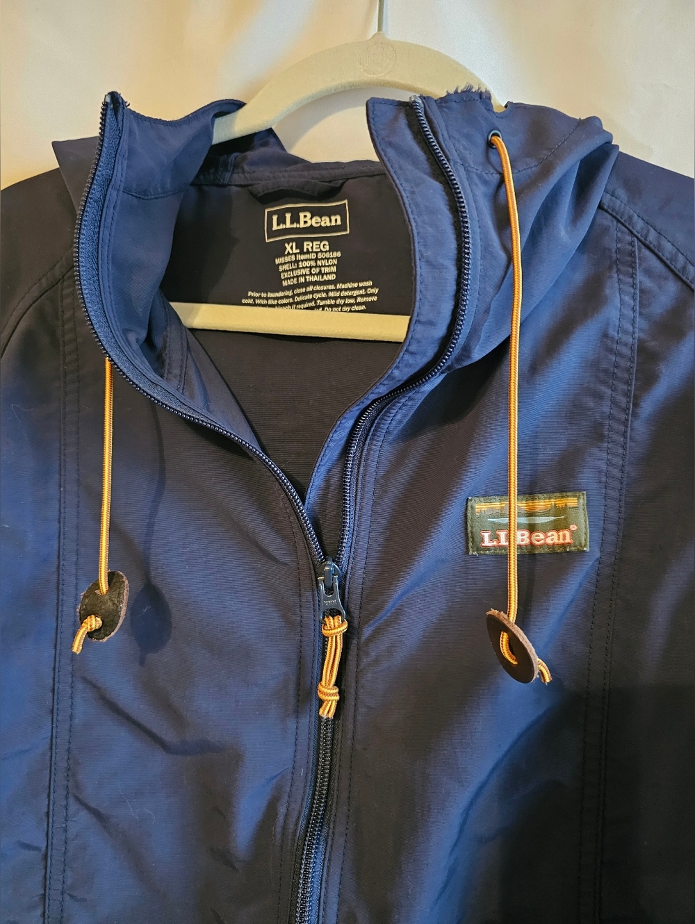 L.L. Bean Navy Hooded Windbreaker with Gold Drawcords XL